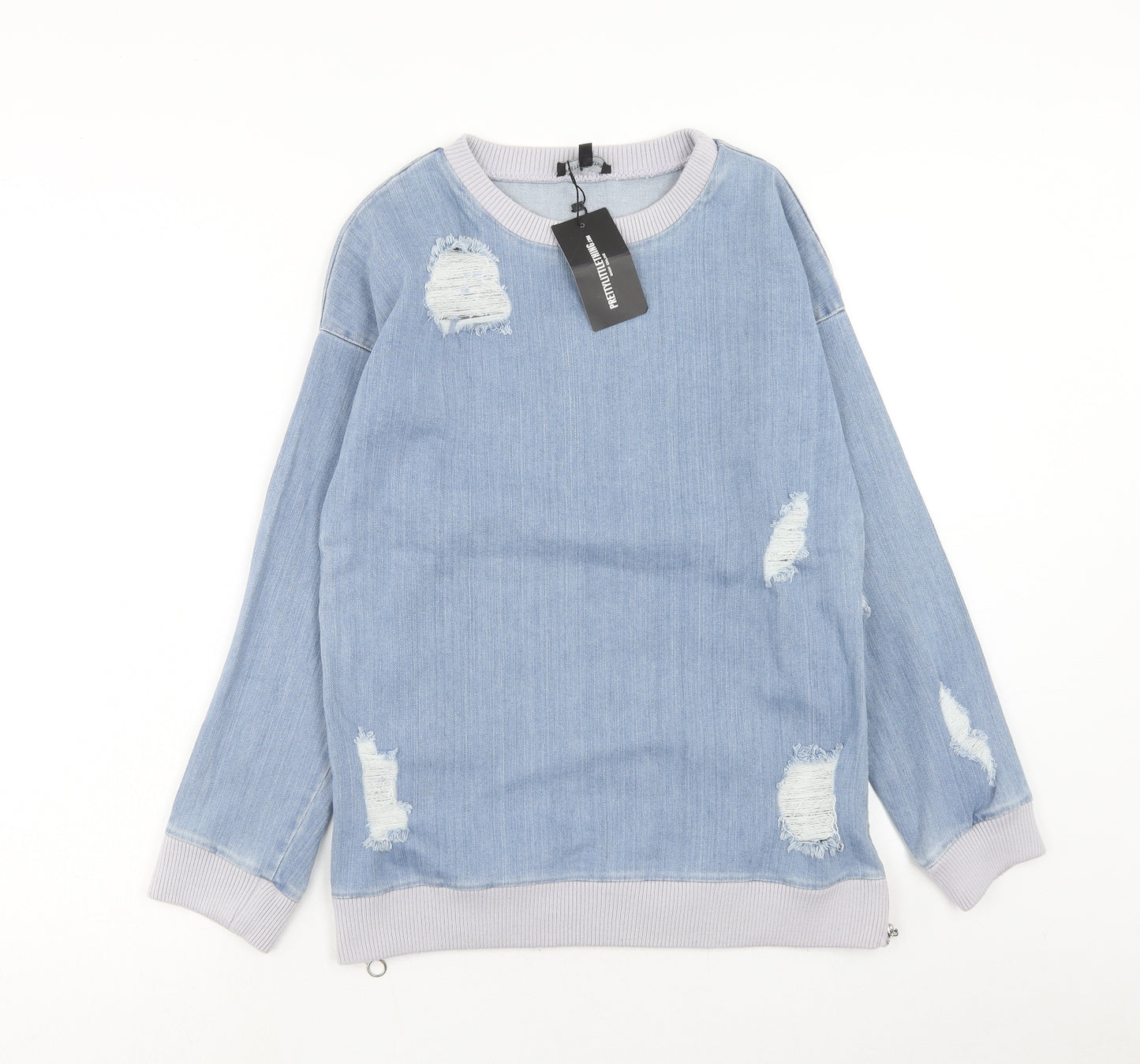 PRETTYLITTLETHING Womens Blue Cotton Pullover Sweatshirt Size 8 Zip - Distressed Look