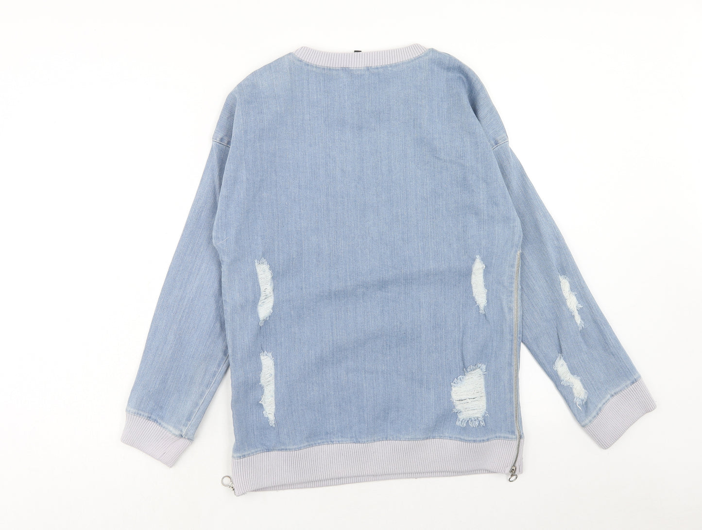 PRETTYLITTLETHING Womens Blue Cotton Pullover Sweatshirt Size 8 Zip - Distressed Look