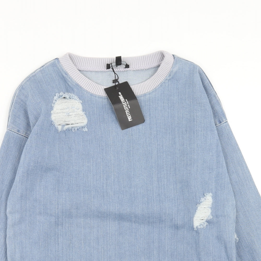 PRETTYLITTLETHING Womens Blue Cotton Pullover Sweatshirt Size 8 Zip - Distressed Look