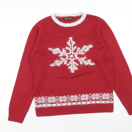 Sugar Crisp Mens Red Round Neck Acrylic Pullover Jumper Size L Long Sleeve - Snowflake