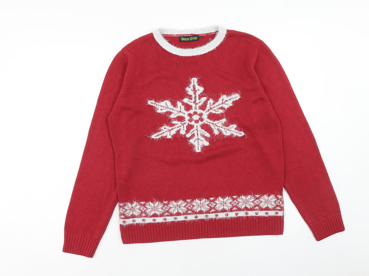 Sugar Crisp Mens Red Round Neck Acrylic Pullover Jumper Size L Long Sleeve - Snowflake