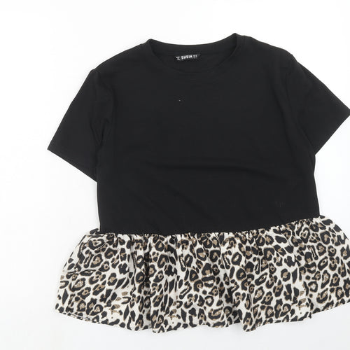 SheIn Womens Black Animal Print Polyester Basic T-Shirt Size M Round Neck - Leopard print drop hem
