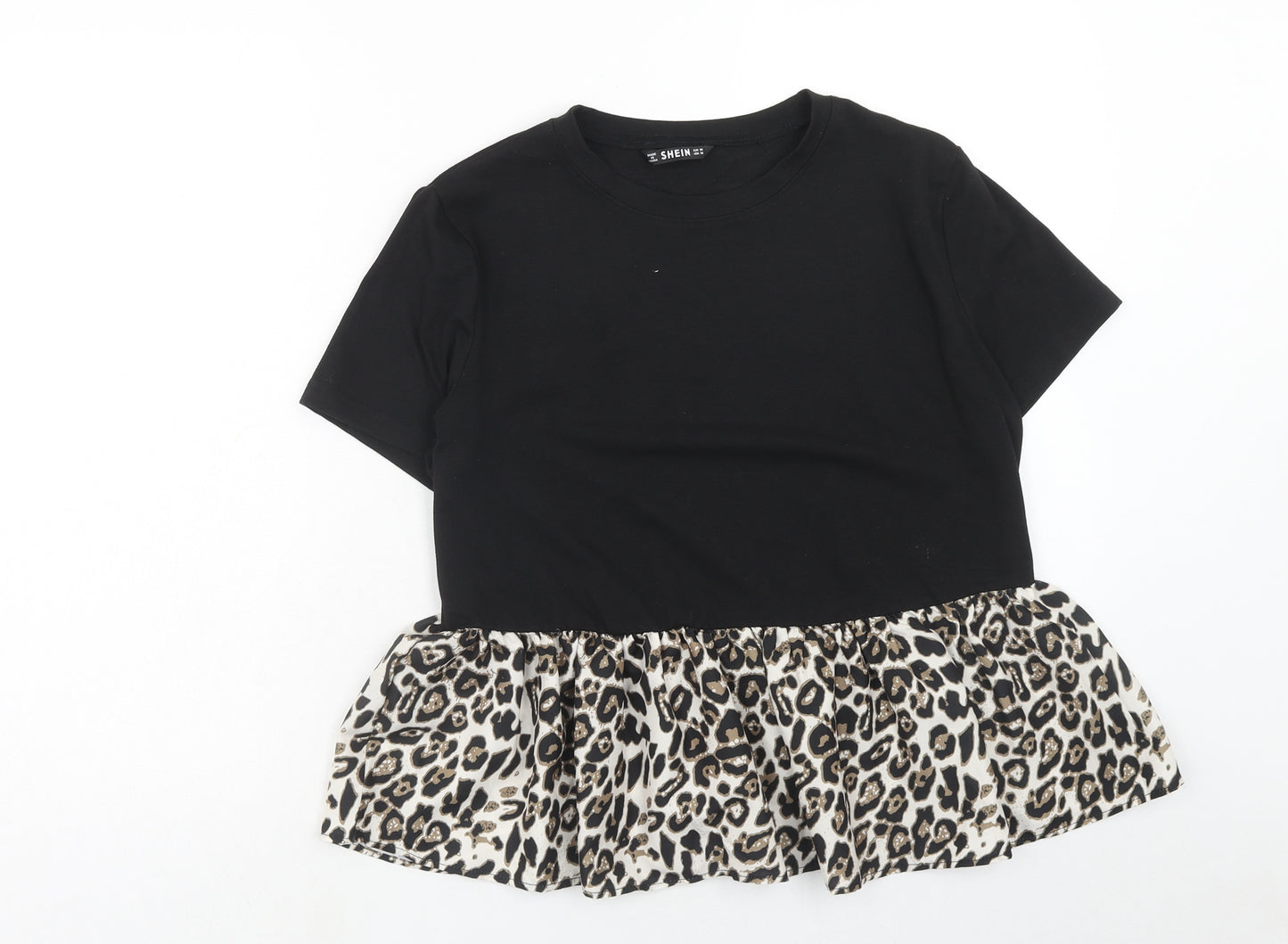 SheIn Womens Black Animal Print Polyester Basic T-Shirt Size M Round Neck - Leopard print drop hem