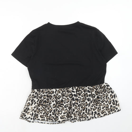 SheIn Womens Black Animal Print Polyester Basic T-Shirt Size M Round Neck - Leopard print drop hem