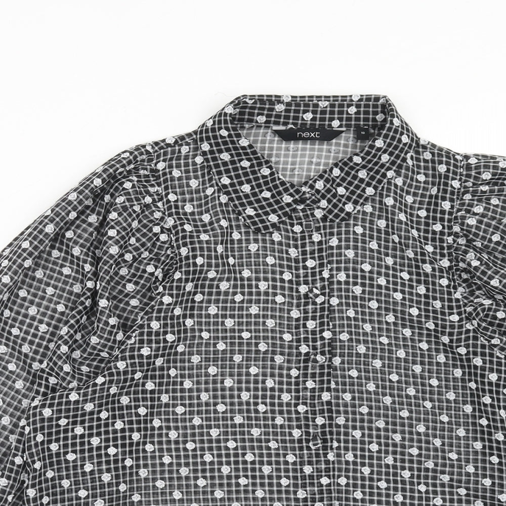 NEXT Womens Black Geometric Polyester Basic Button-Up Size 10 Collared