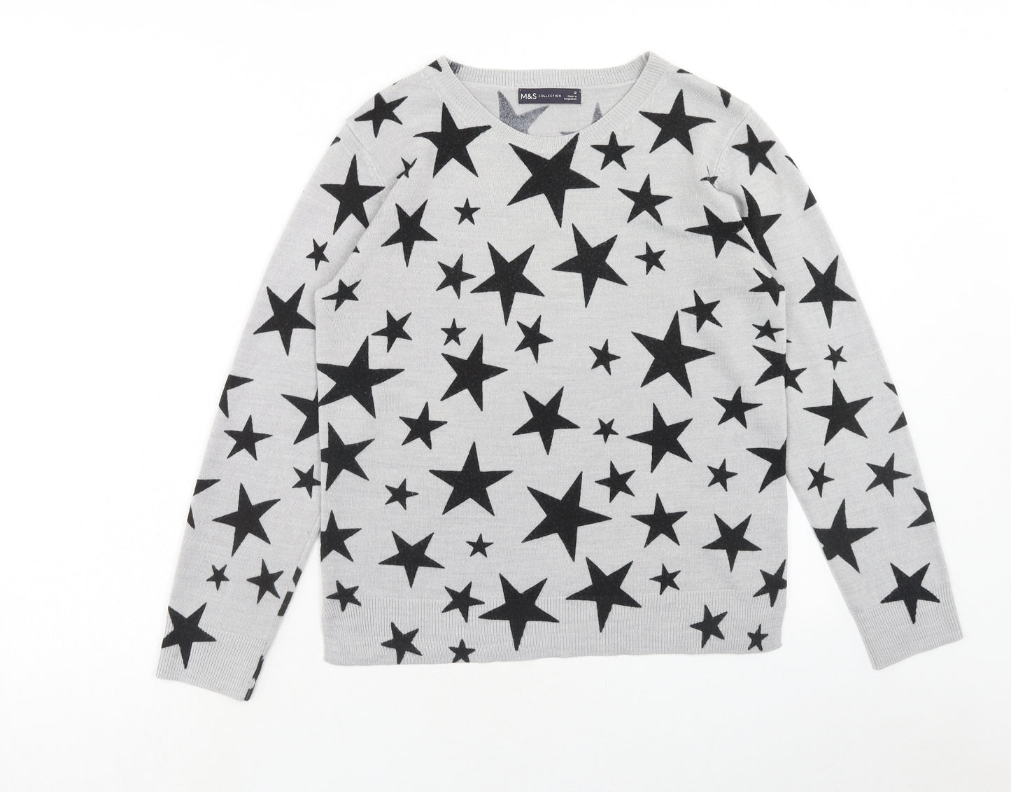 Marks and Spencer Womens Grey Boat Neck Geometric Acrylic Pullover Jumper Size 12 - Star Print