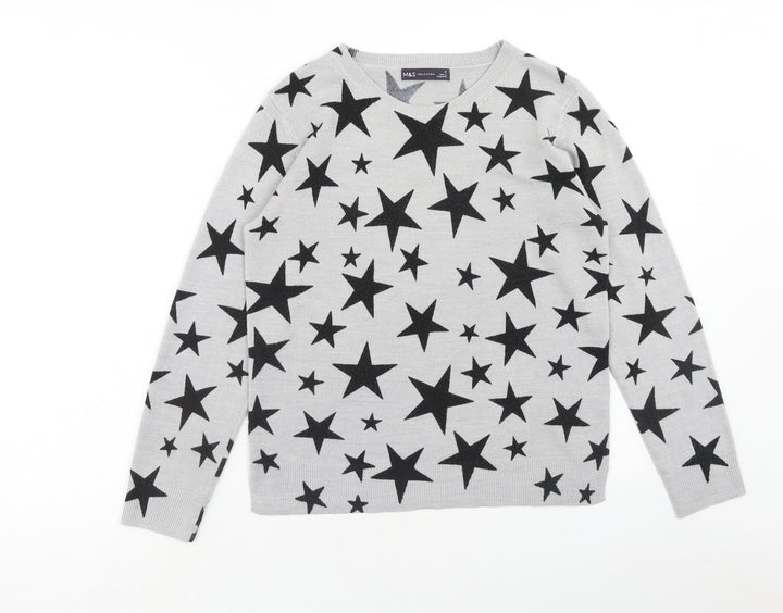 Marks and Spencer Womens Grey Boat Neck Geometric Acrylic Pullover Jumper Size 12 - Star Print