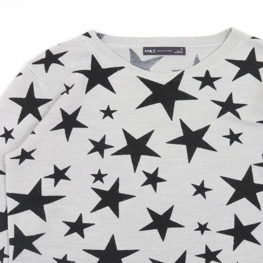 Marks and Spencer Womens Grey Boat Neck Geometric Acrylic Pullover Jumper Size 12 - Star Print