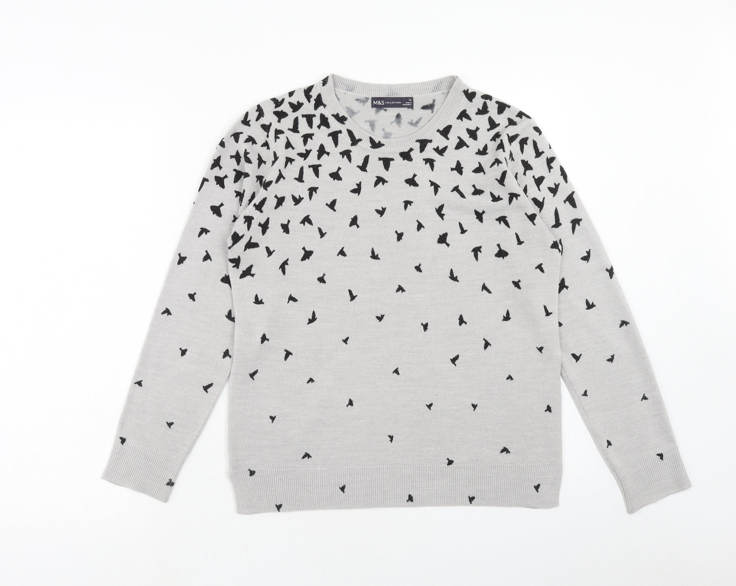 Marks and Spencer Womens Grey Round Neck Geometric Acrylic Pullover Jumper Size 12 - Bird Pattern