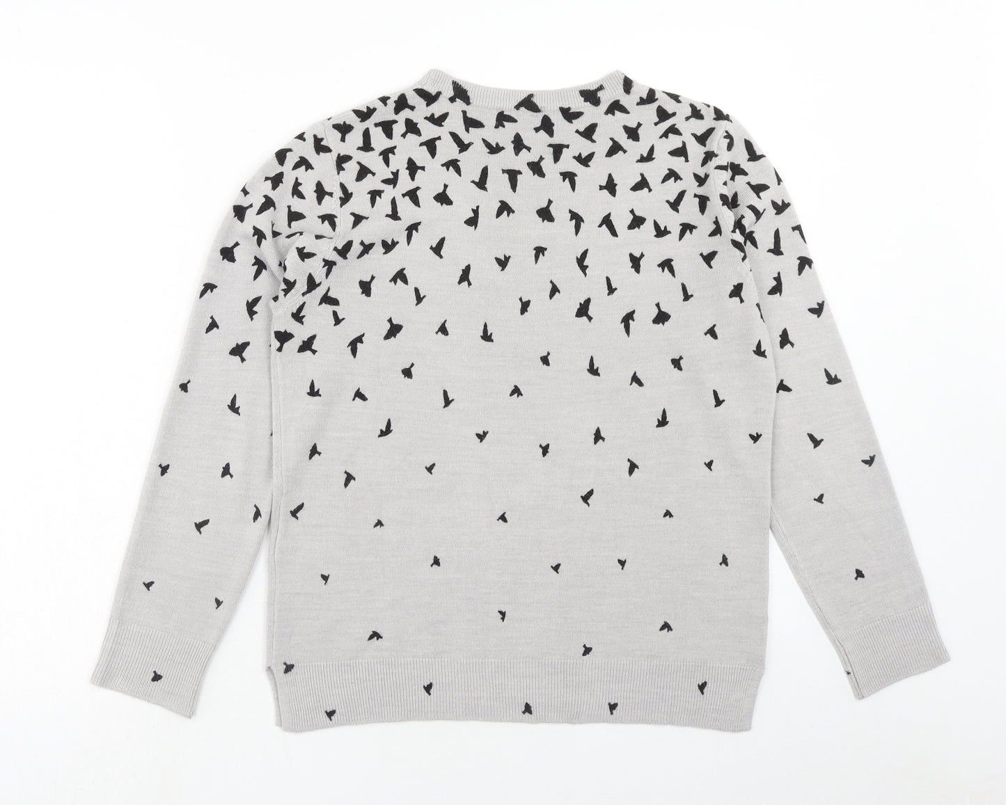 Marks and Spencer Womens Grey Round Neck Geometric Acrylic Pullover Jumper Size 12 - Bird Pattern