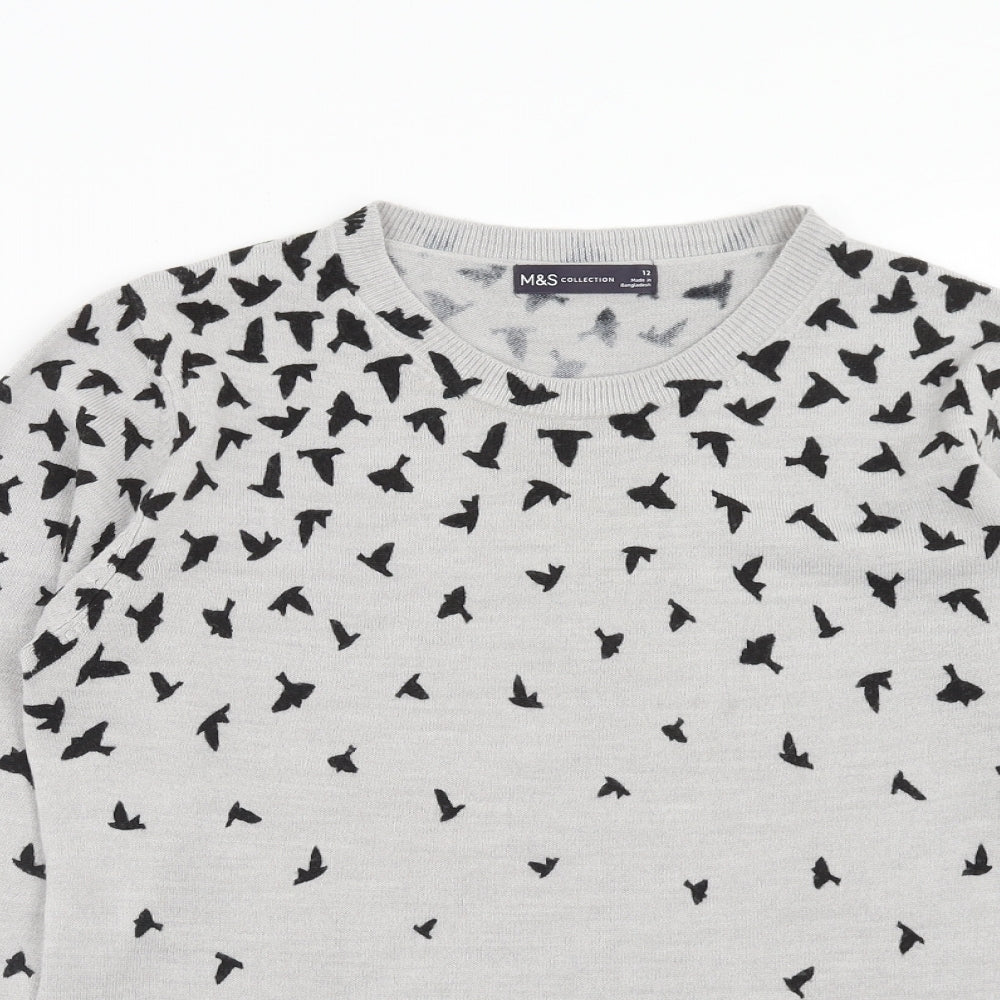 Marks and Spencer Womens Grey Round Neck Geometric Acrylic Pullover Jumper Size 12 - Bird Pattern