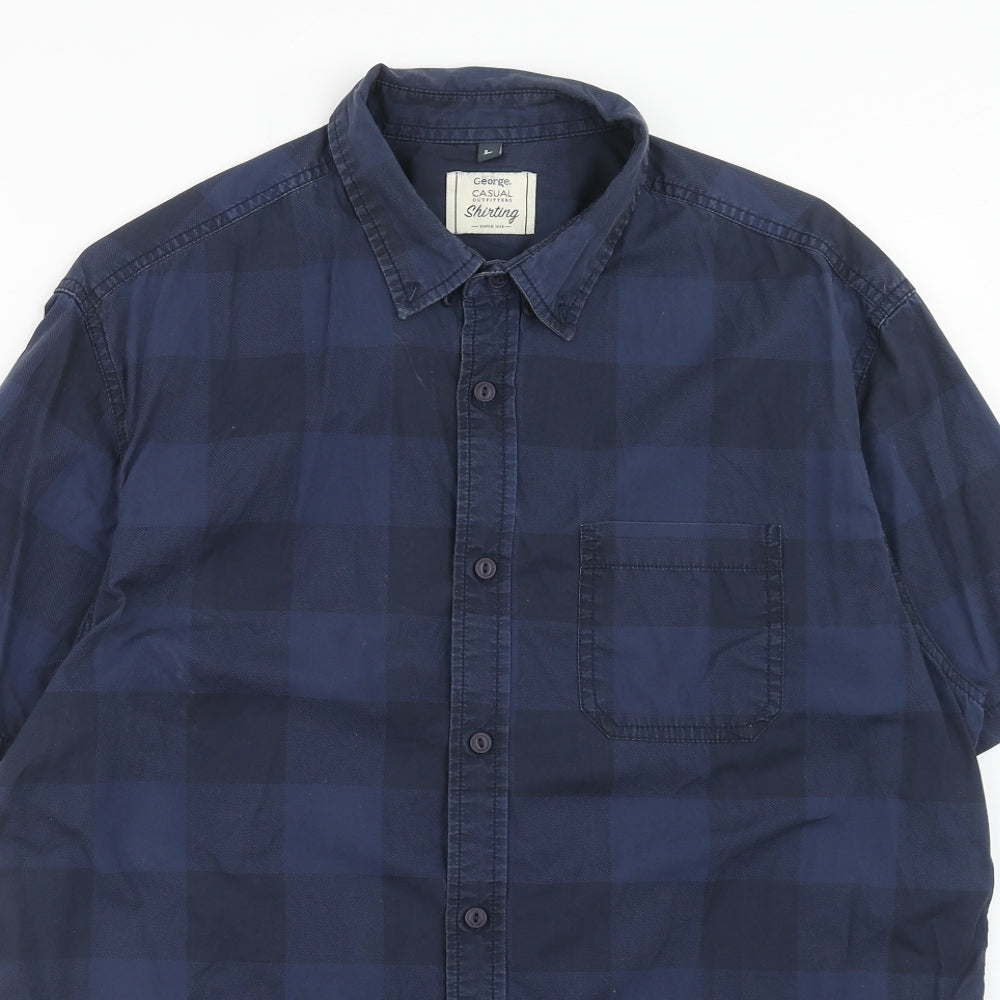 George Mens Blue Check Cotton Button-Up Size L Collared Button