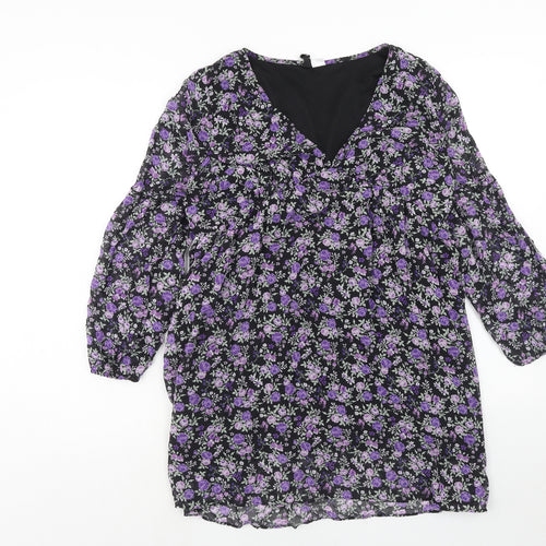 H&M Womens Purple Floral Polyester A-Line Size M V-Neck Pullover