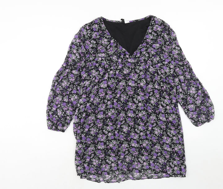H&M Womens Purple Floral Polyester A-Line Size M V-Neck Pullover