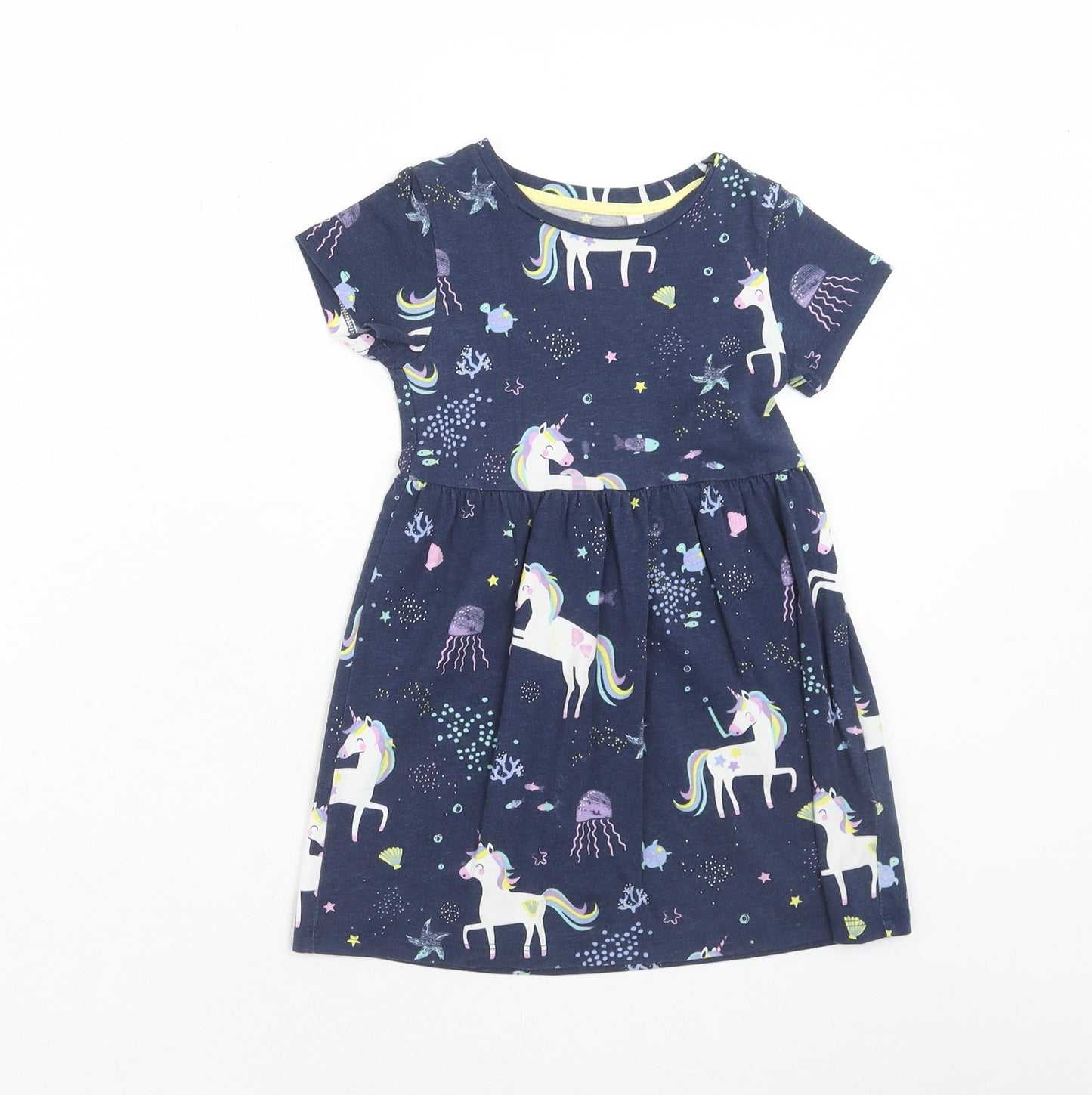 Blue Zoo Girls Blue Geometric Cotton Skater Dress Size 2-3 Years Round Neck Pullover - Unicorn