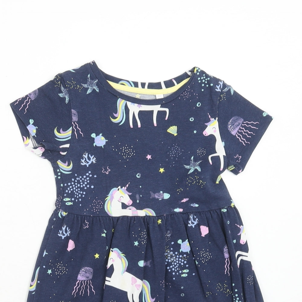 Blue Zoo Girls Blue Geometric Cotton Skater Dress Size 2-3 Years Round Neck Pullover - Unicorn