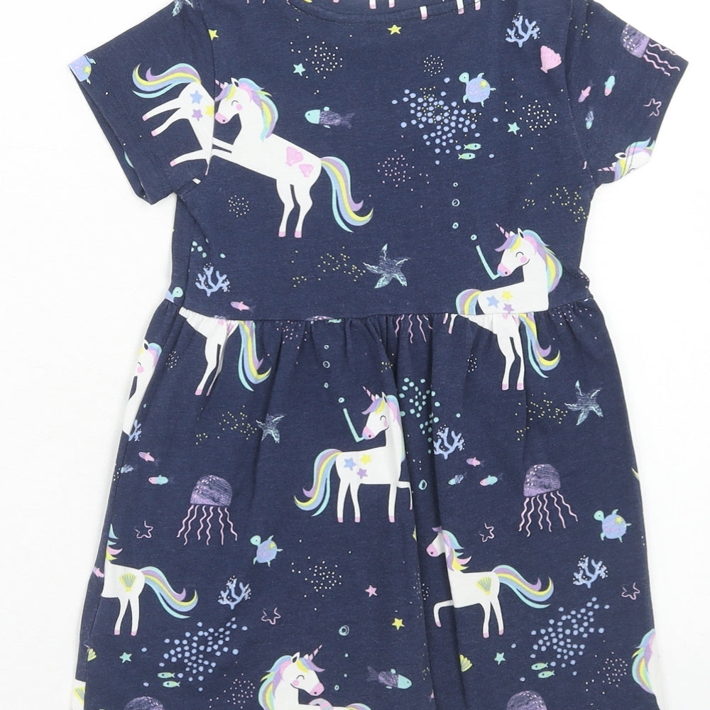 Blue Zoo Girls Blue Geometric Cotton Skater Dress Size 2-3 Years Round Neck Pullover - Unicorn