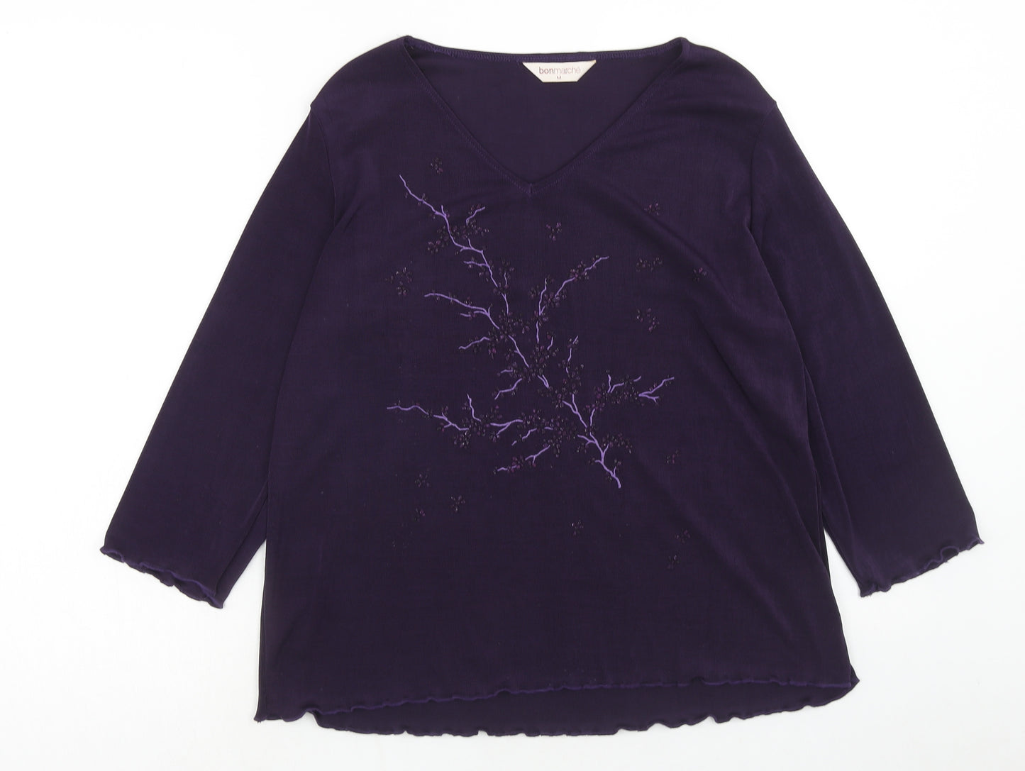 Bonmarché Womens Purple Polyester Basic Blouse Size M V-Neck - Lettuce Hem