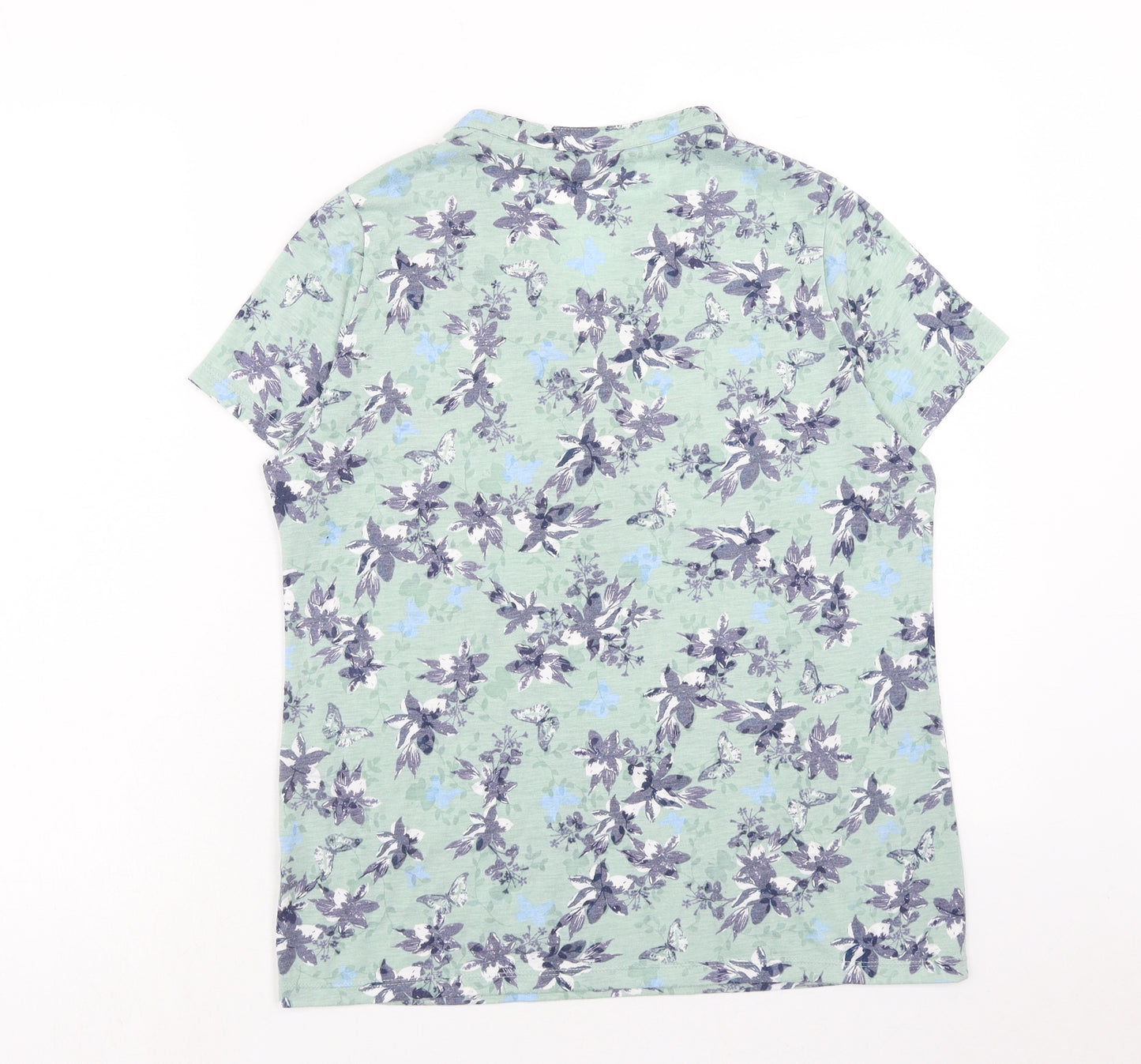 Bonmarché Womens Green Floral Polyester Basic T-Shirt Size 12 V-Neck