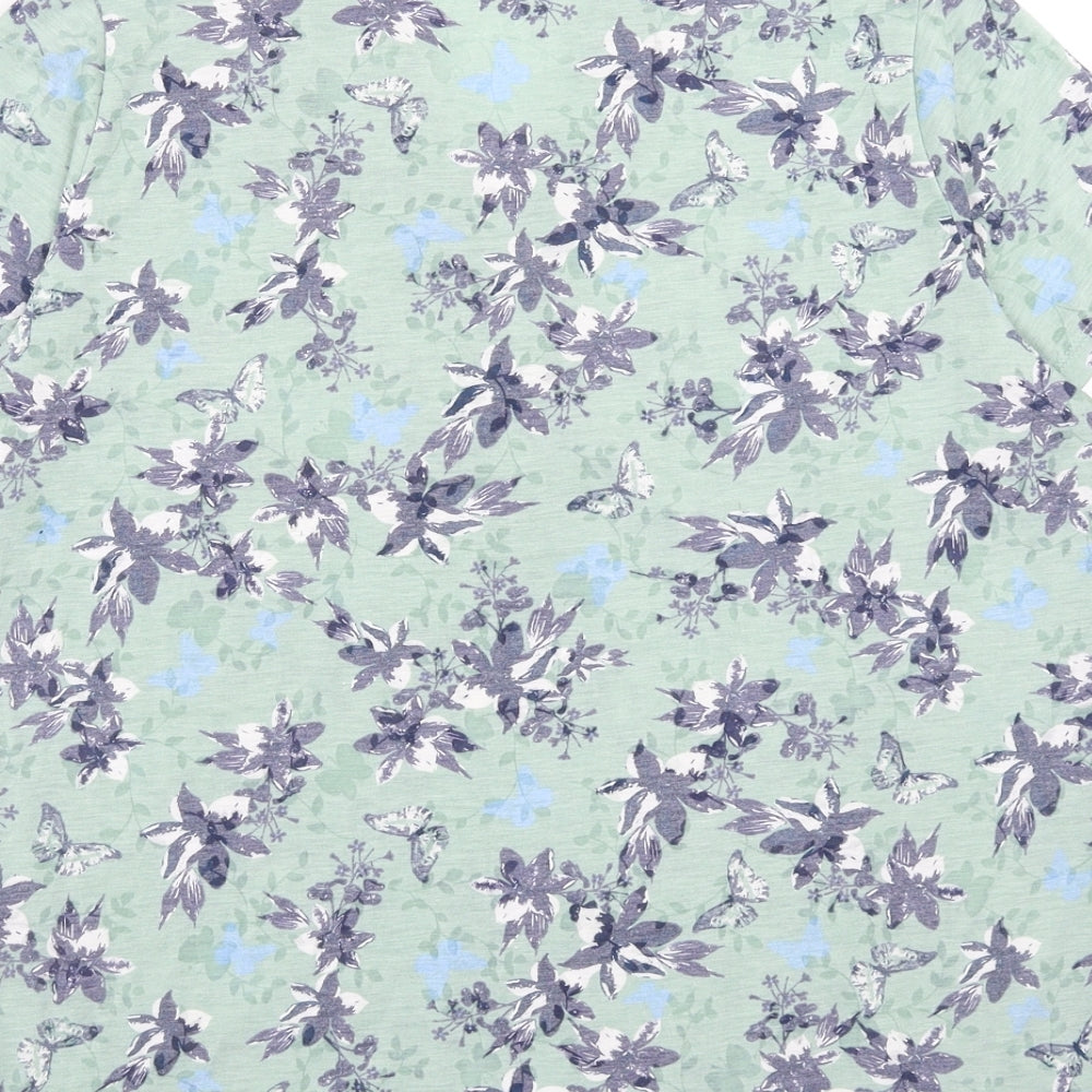 Bonmarché Womens Green Floral Polyester Basic T-Shirt Size 12 V-Neck