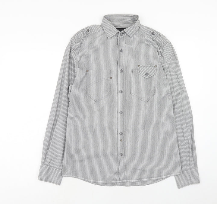 NEXT Mens Grey Striped Cotton Button-Up Size S Collared Button
