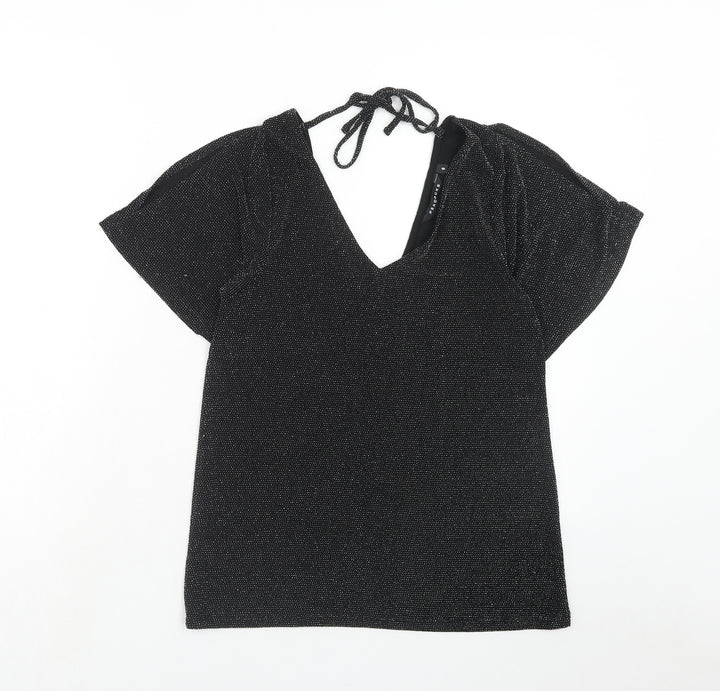 Peacocks Womens Black Polyamide Basic Blouse Size 8 V-Neck