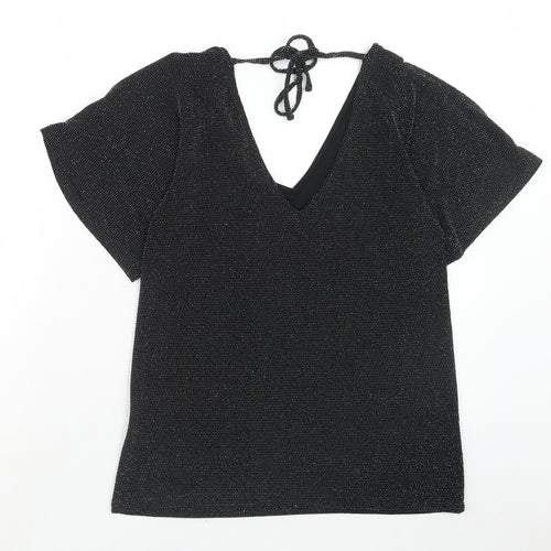 Peacocks Womens Black Polyamide Basic Blouse Size 8 V-Neck