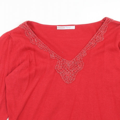 papaya Womens Red V-Neck Viscose Pullover Jumper Size 14
