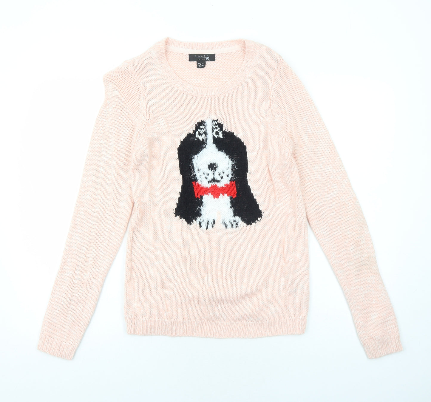 Amara Womens Pink Round Neck Acrylic Pullover Jumper Size 8 - Dog