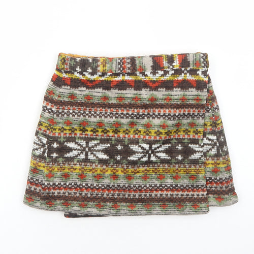 Preworn Womens Yellow Fair Isle Polyester Mini Skirt Size 6 Snap