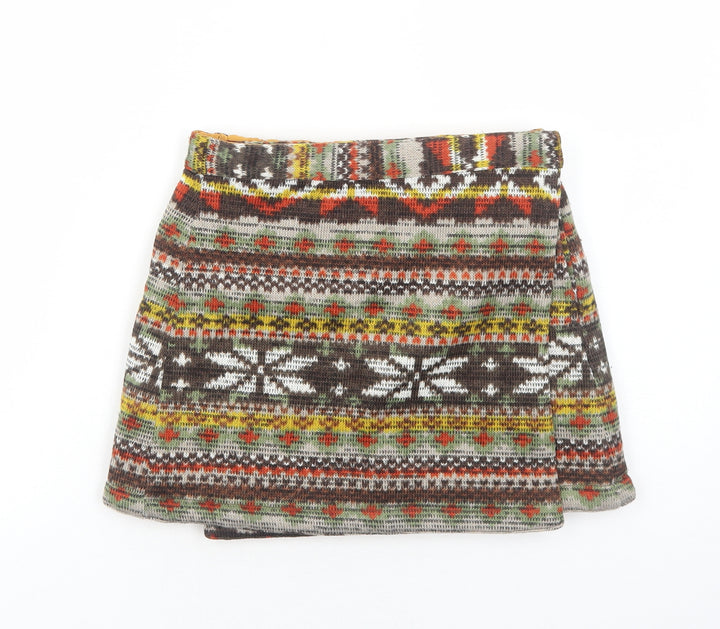 Preworn Womens Yellow Fair Isle Polyester Mini Skirt Size 6 Snap