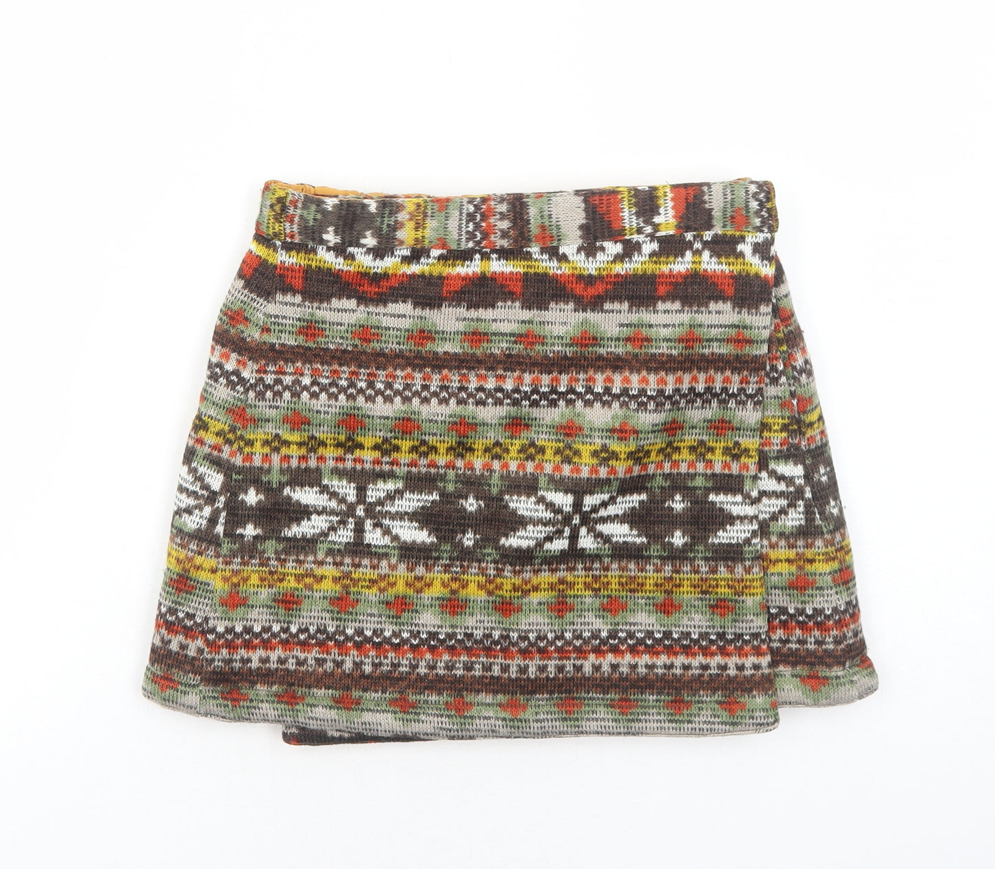 Preworn Womens Yellow Fair Isle Polyester Mini Skirt Size 6 Snap
