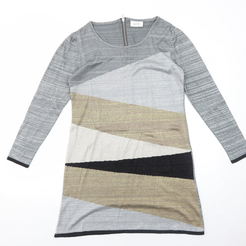 Wallis Womens Green Colourblock Acrylic A-Line Size M Round Neck Zip