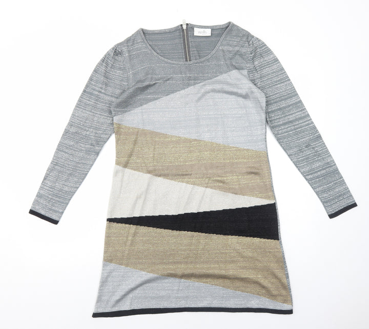 Wallis Womens Green Colourblock Acrylic A-Line Size M Round Neck Zip