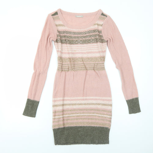 ORSAY Womens Pink Striped Polyacrylate Fibre Jumper Dress Size S Round Neck Pullover