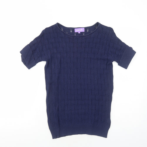 Purple Womens Blue Geometric Cotton Basic T-Shirt Size S Boat Neck