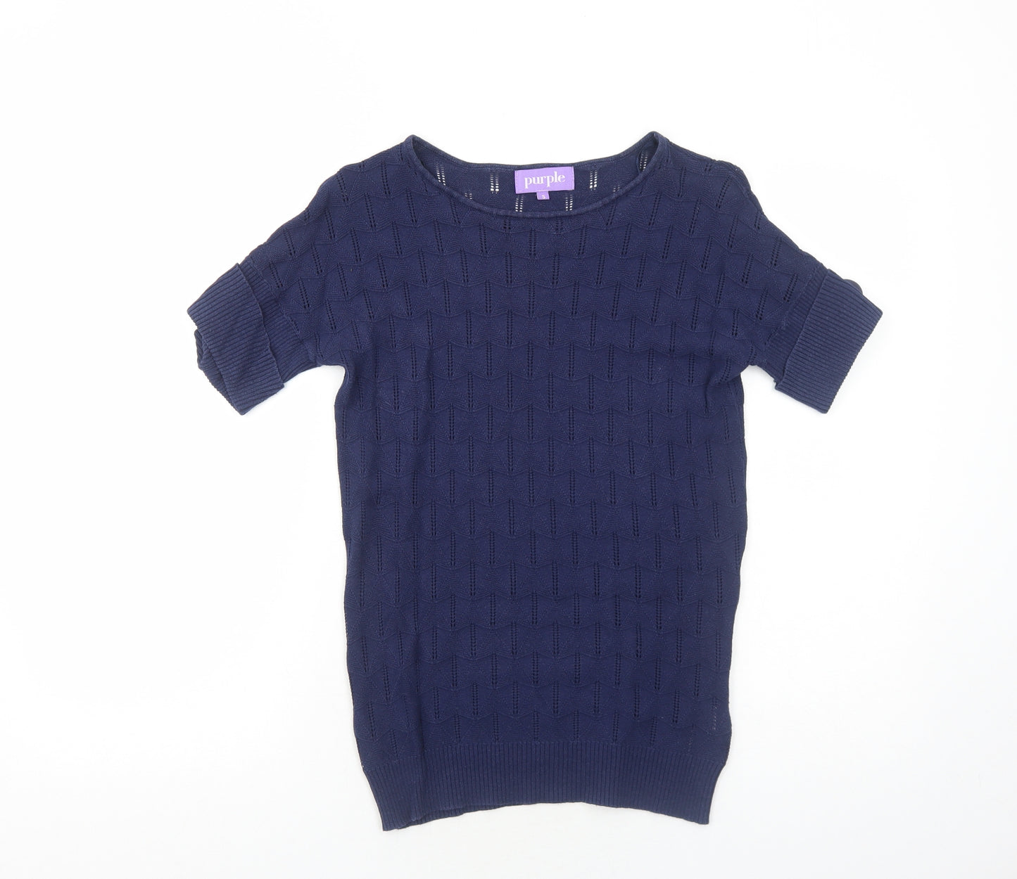 Purple Womens Blue Geometric Cotton Basic T-Shirt Size S Boat Neck