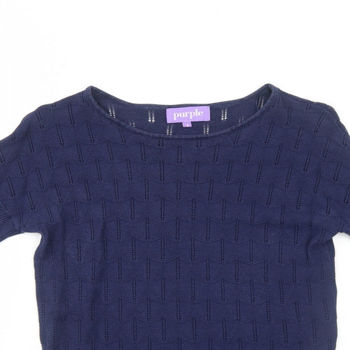 Purple Womens Blue Geometric Cotton Basic T-Shirt Size S Boat Neck