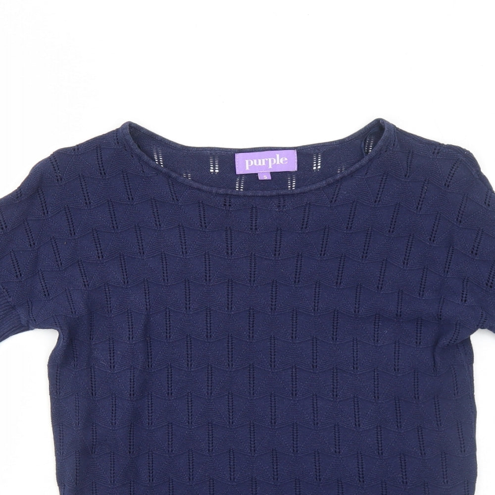 Purple Womens Blue Geometric Cotton Basic T-Shirt Size S Boat Neck