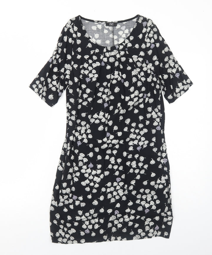 FF&F Womens Black Floral Viscose T-Shirt Dress Size 6 Boat Neck Pullover