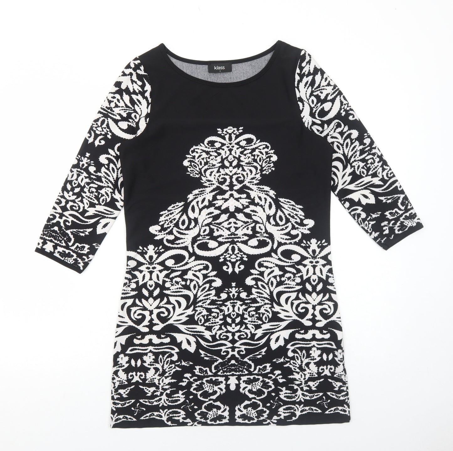 Klass Womens Black Geometric Polyester Mini Size S Boat Neck Pullover