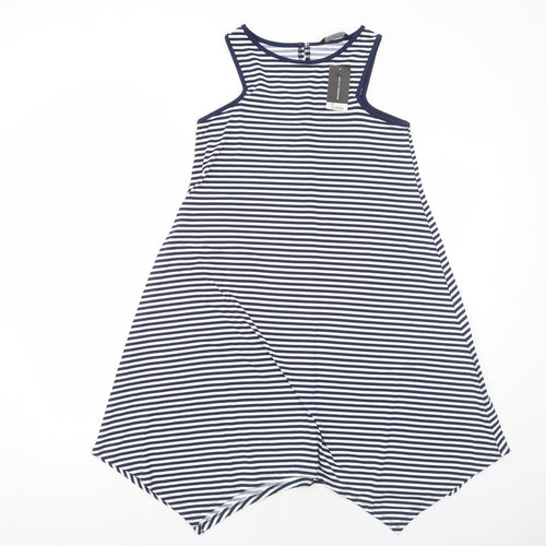Dorothy Perkins Womens Blue Striped Polyester Tank Dress Size 8 Boat Neck Pullover - Asymmetric