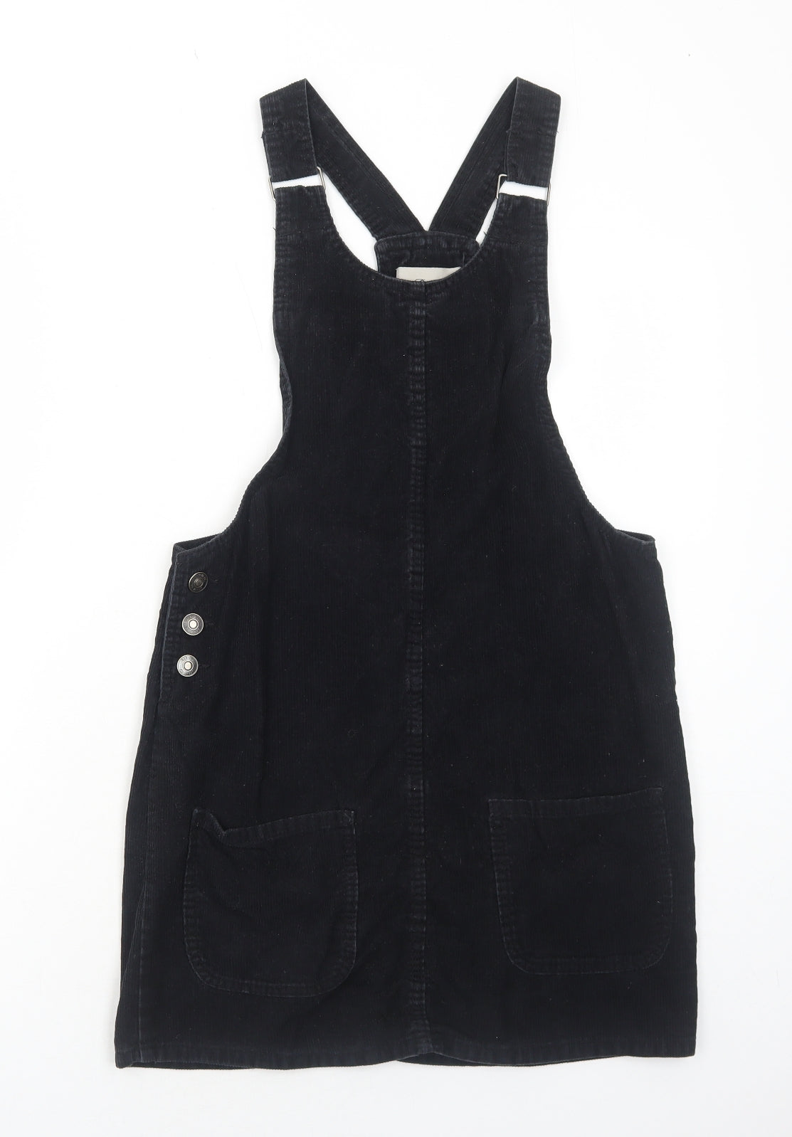 Primark Womens Black Cotton Pinafore/Dungaree Dress Size 8 Scoop Neck Button