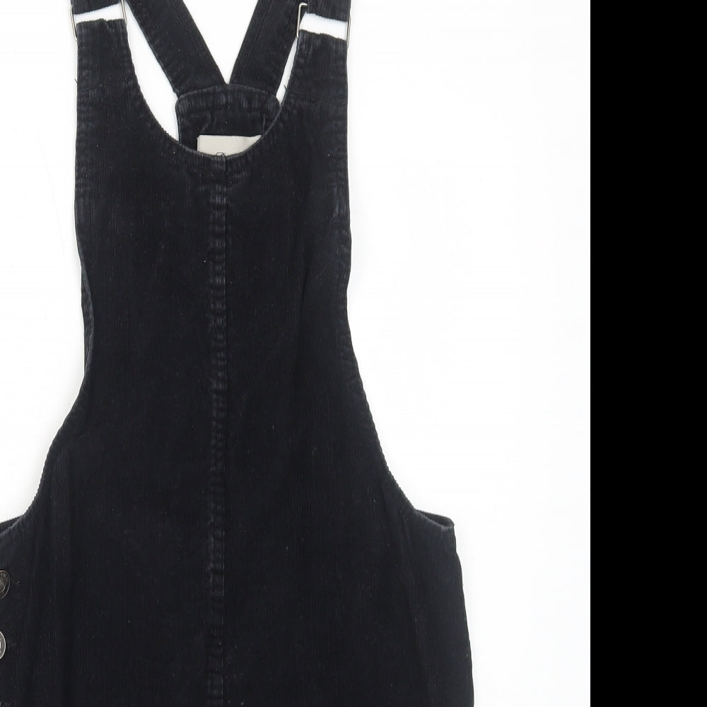 Primark Womens Black Cotton Pinafore/Dungaree Dress Size 8 Scoop Neck Button