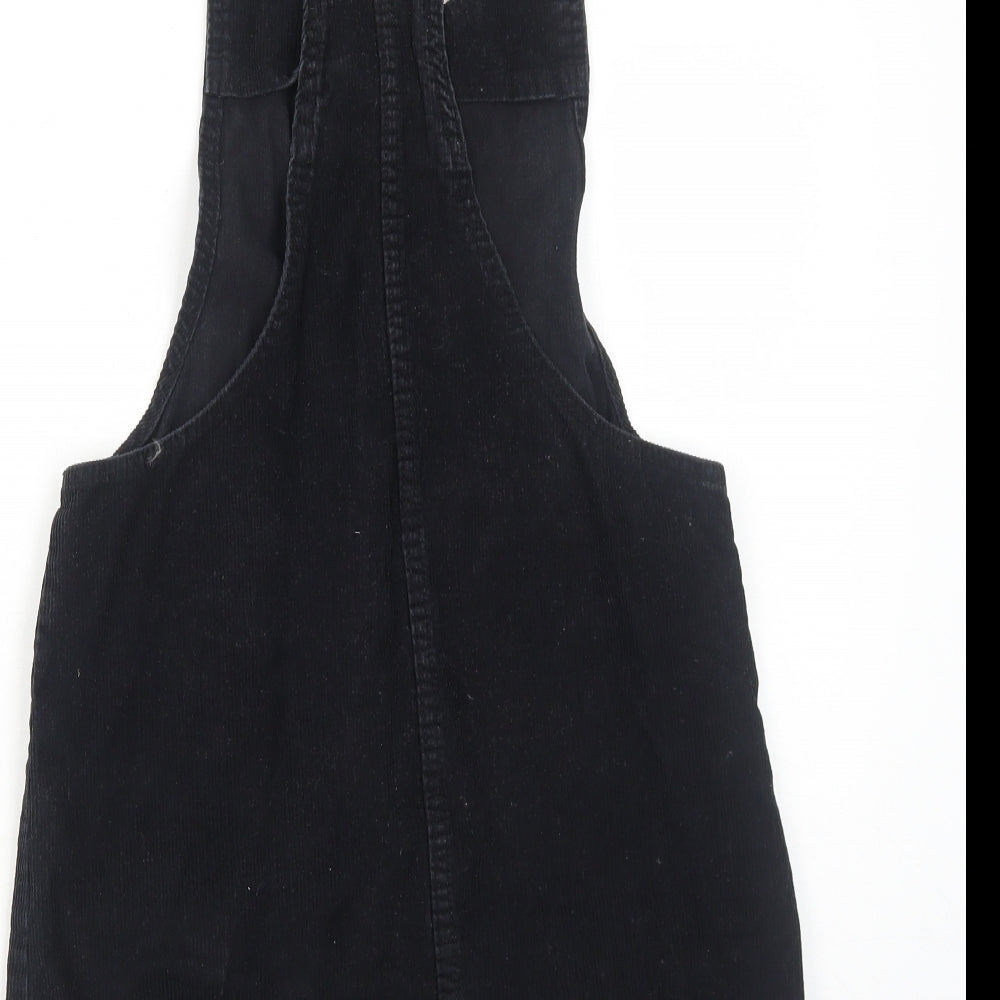 Primark Womens Black Cotton Pinafore/Dungaree Dress Size 8 Scoop Neck Button