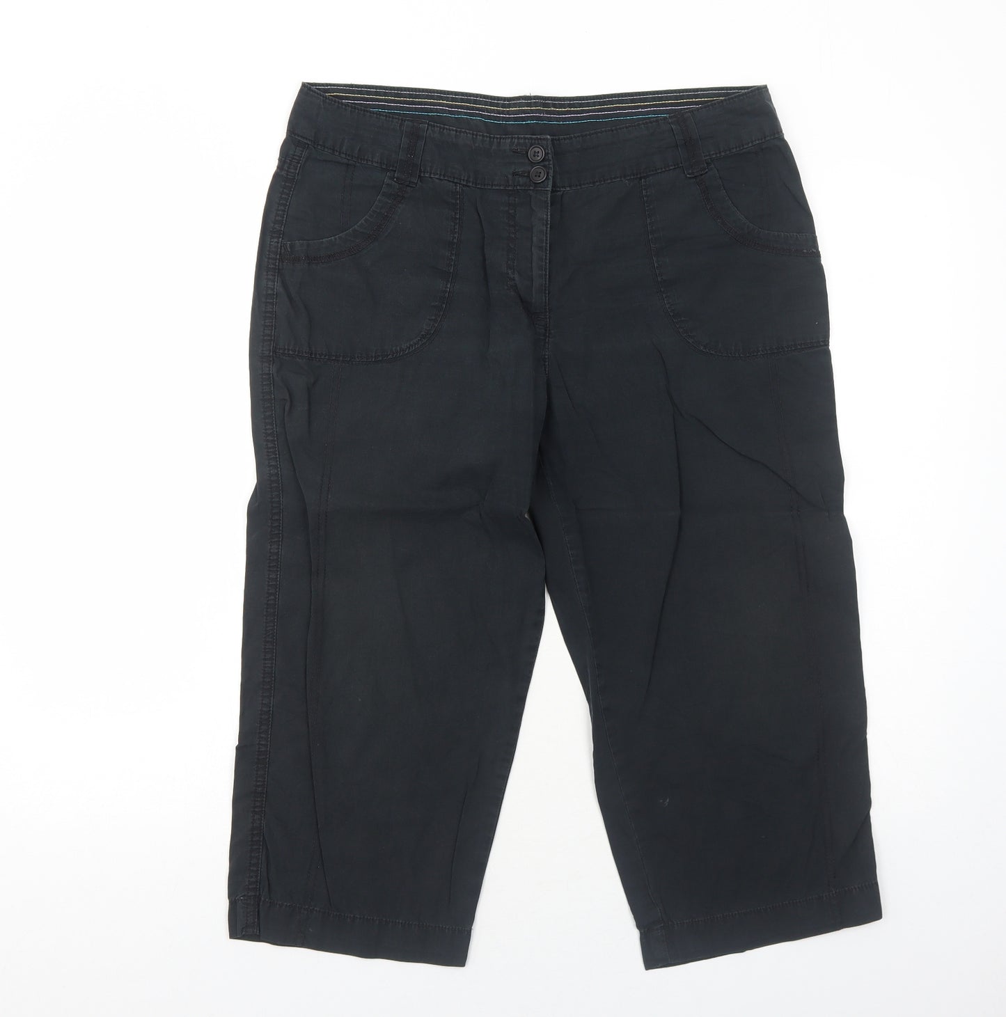 Marks and Spencer Womens Black Cotton Capri Trousers Size 14 Regular Zip
