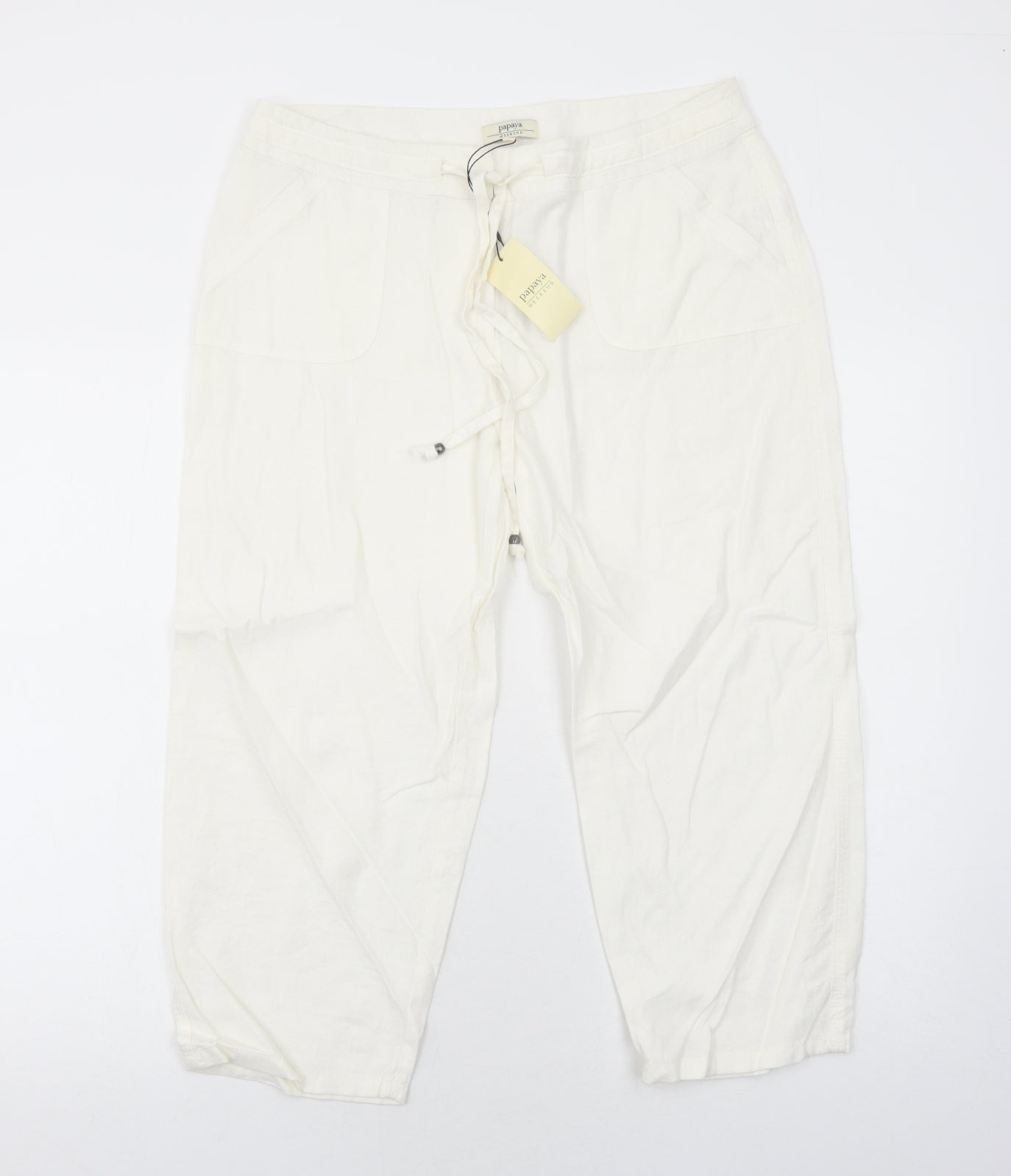 Papaya Womens White Linen Cropped Trousers Size 12 Regular Zip