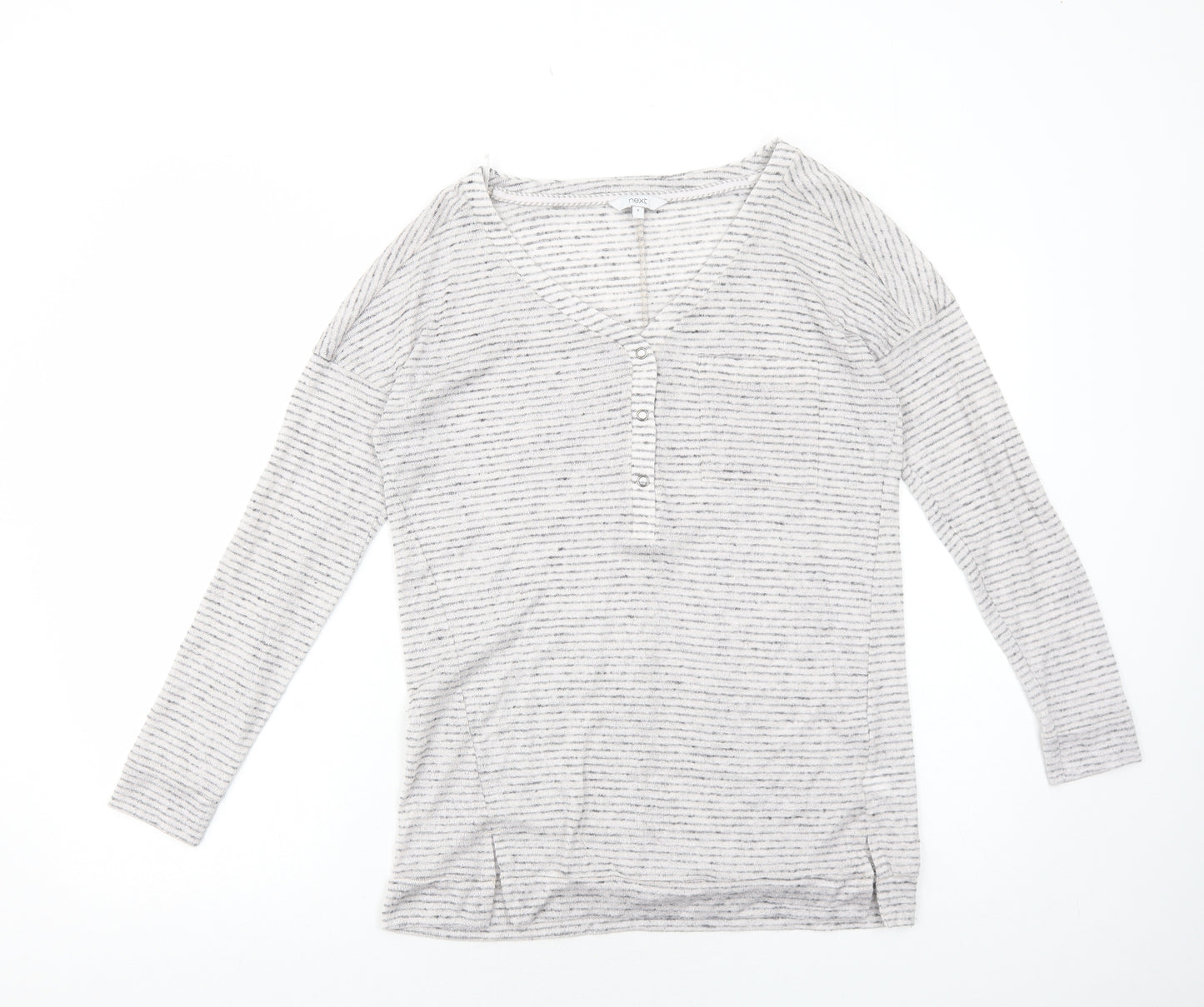 NEXT Womens White Striped Polyester Basic T-Shirt Size 8 V-Neck