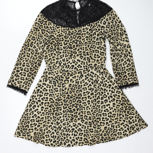 Zara Womens Beige Animal Print Polyester Fit & Flare Size S Round Neck Zip - Leopard Pattern