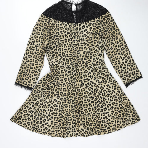Zara Womens Beige Animal Print Polyester Fit & Flare Size S Round Neck Zip - Leopard Pattern